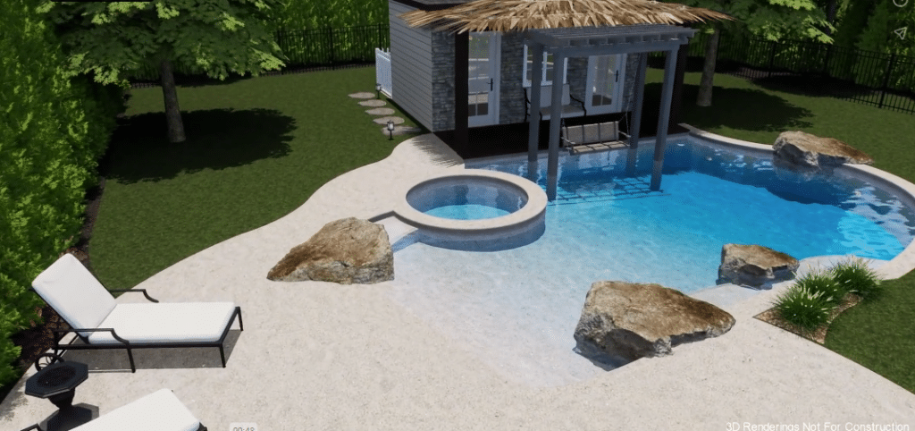 Poolside cabana with rocks and lounge